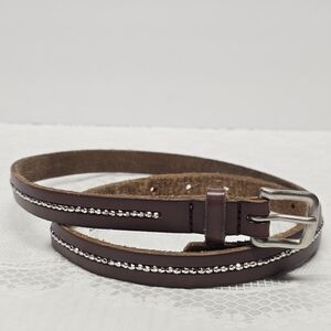 American Eagle Outfitters AEO Brown Genuine Leather Silver Beaded Skinny Belt XS